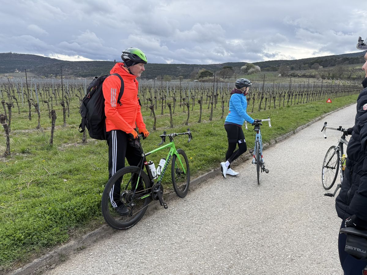 Fahrtechnikkurs in den Weinbergen: Roland in oranger Jacke steht mit seinem Rad am Wegrand und erklärt, Teilnehmende mit Rennrädern hören zu